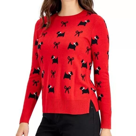 Charter Club Crewneck Terrier Dog Bow Sweater Red Black Bling Rhinestone Medium - Picture 1 of 9